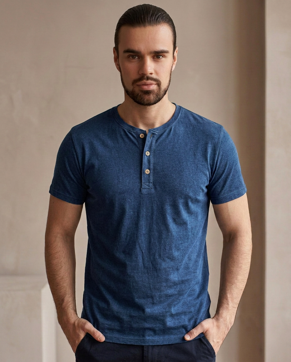 Cotton Henley - Denim Blue