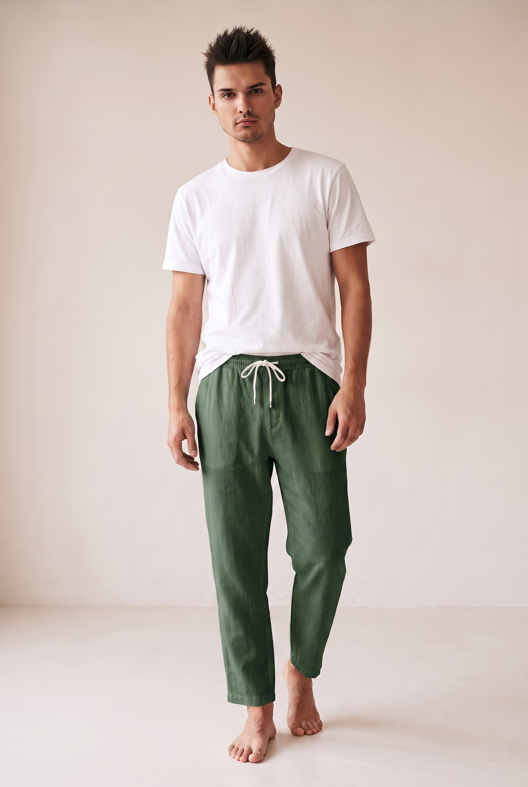 Washed Linen Trousers - Dark Green