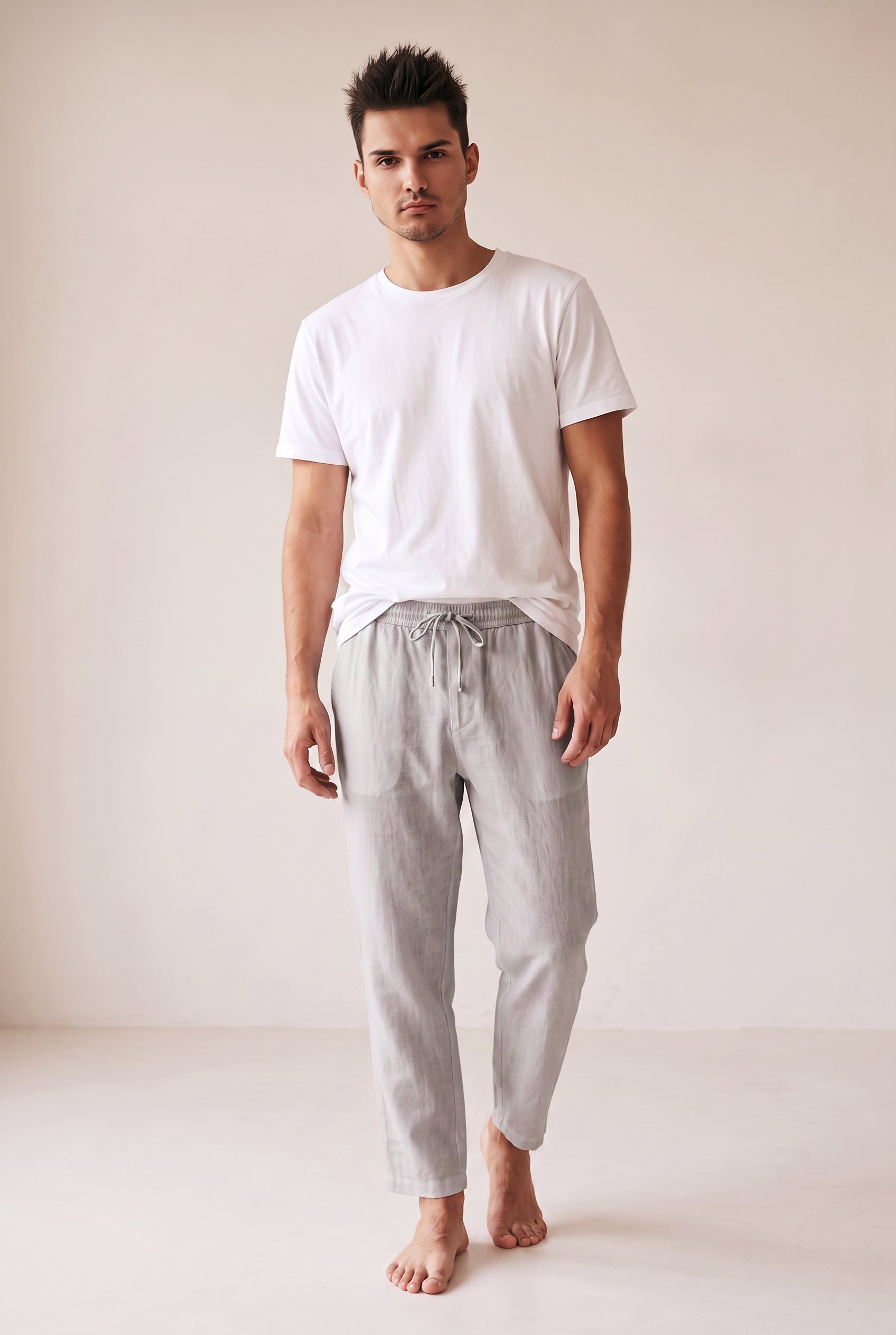 Washed Linen Trousers - Light Grey