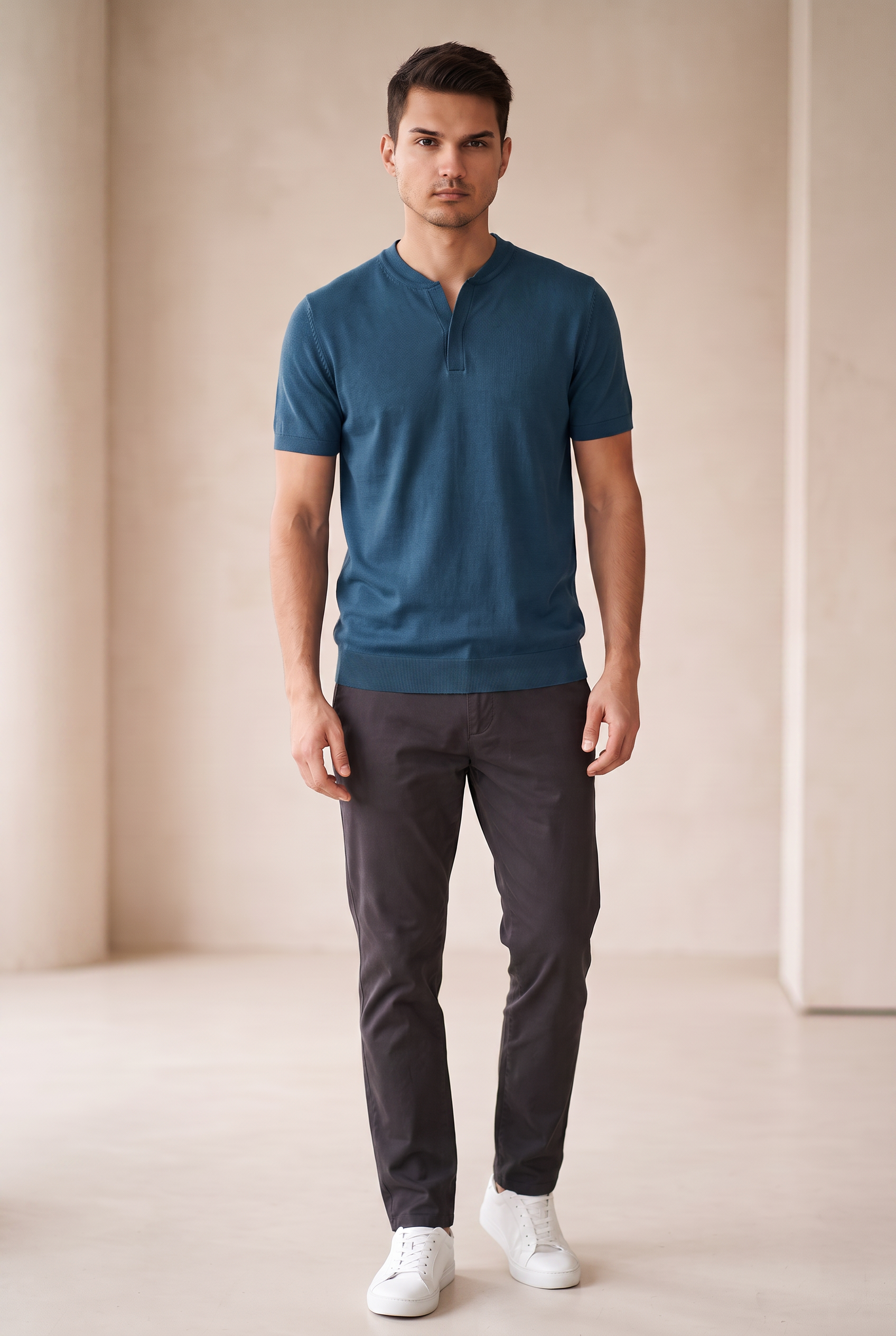 Collarless Knit Polo - Ocean Blue