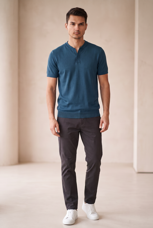 Collarless Knit Polo - Ocean Blue