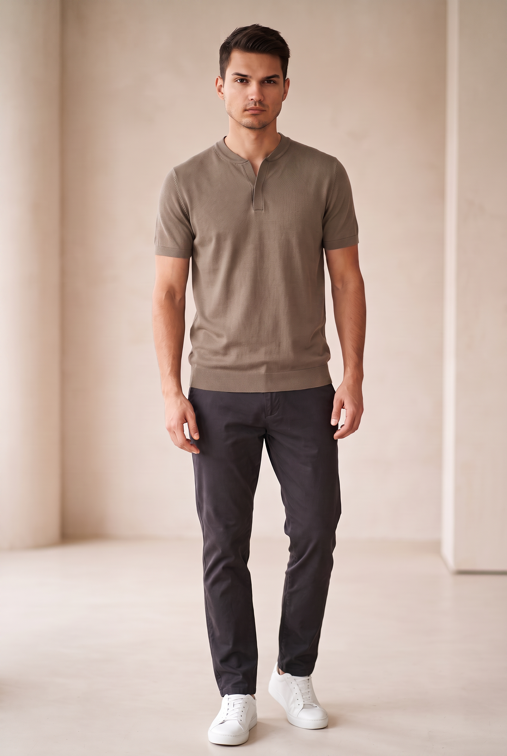 Collarless Knit Polo - Taupe