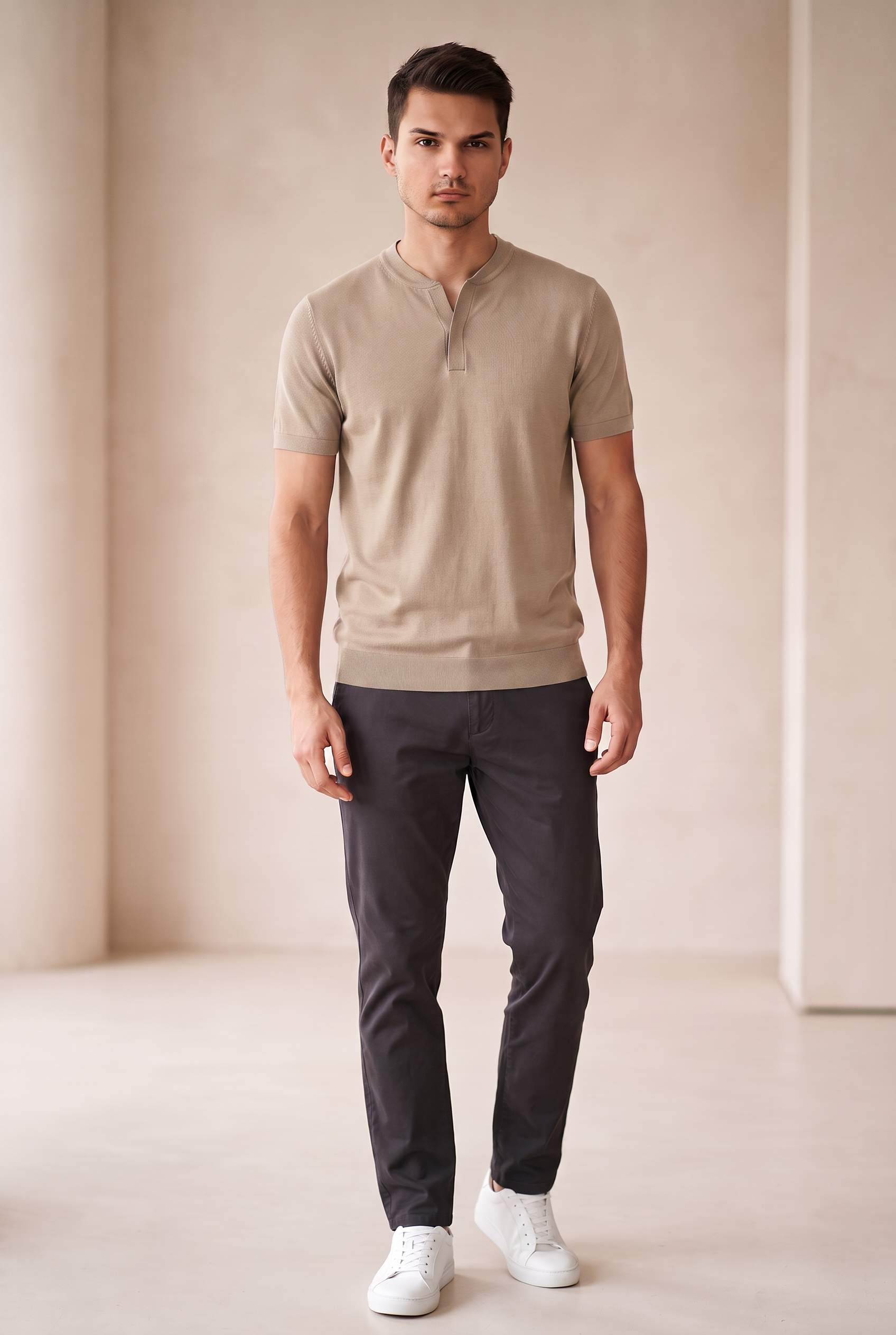 Collarless Knit Polo - Beige