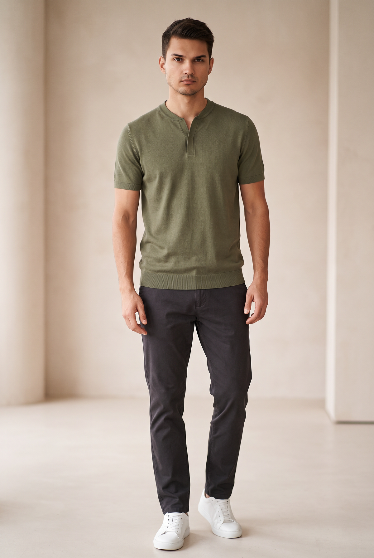 Collarless Knit Polo - Military Green