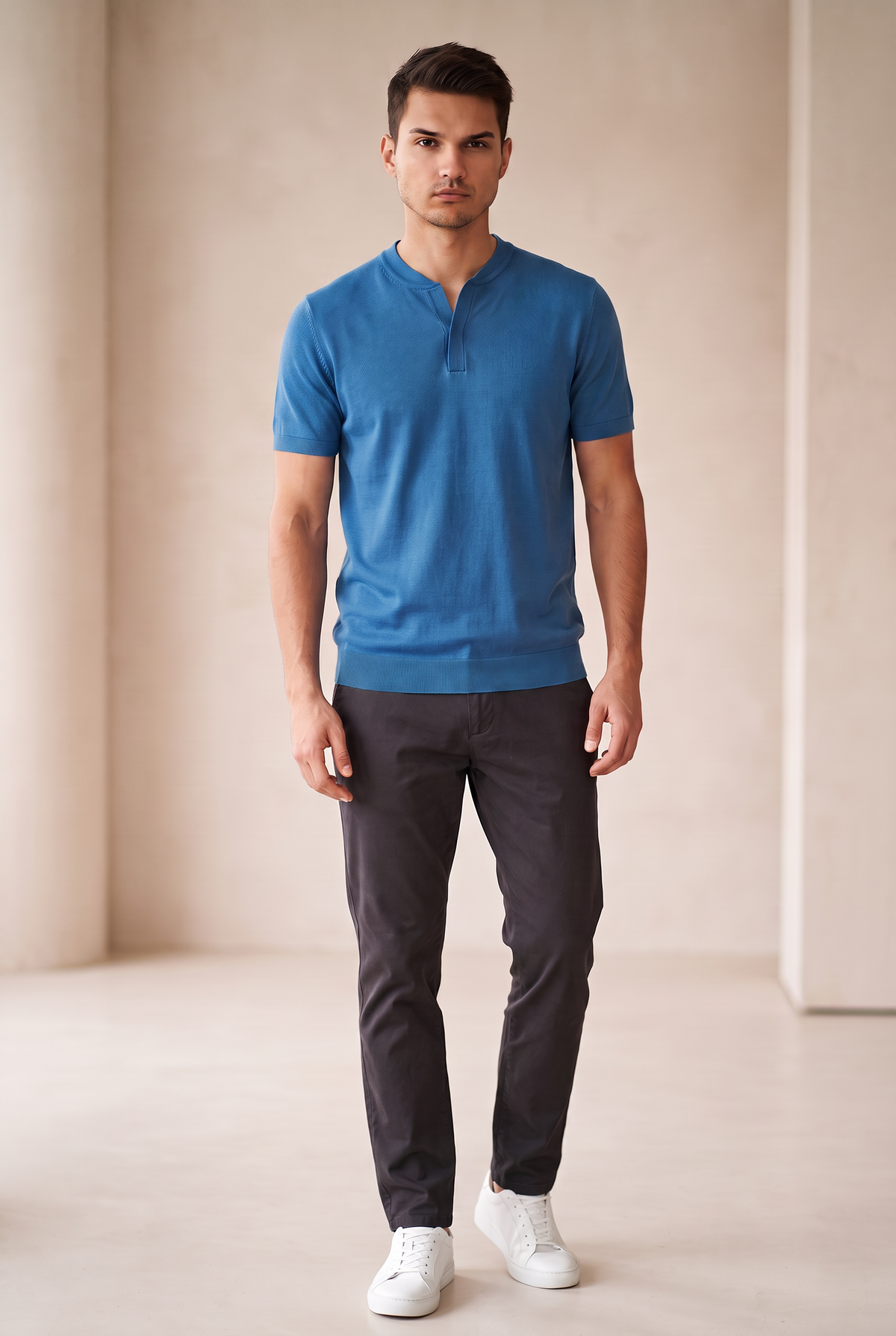 Collarless Knit Polo - Bright Blue