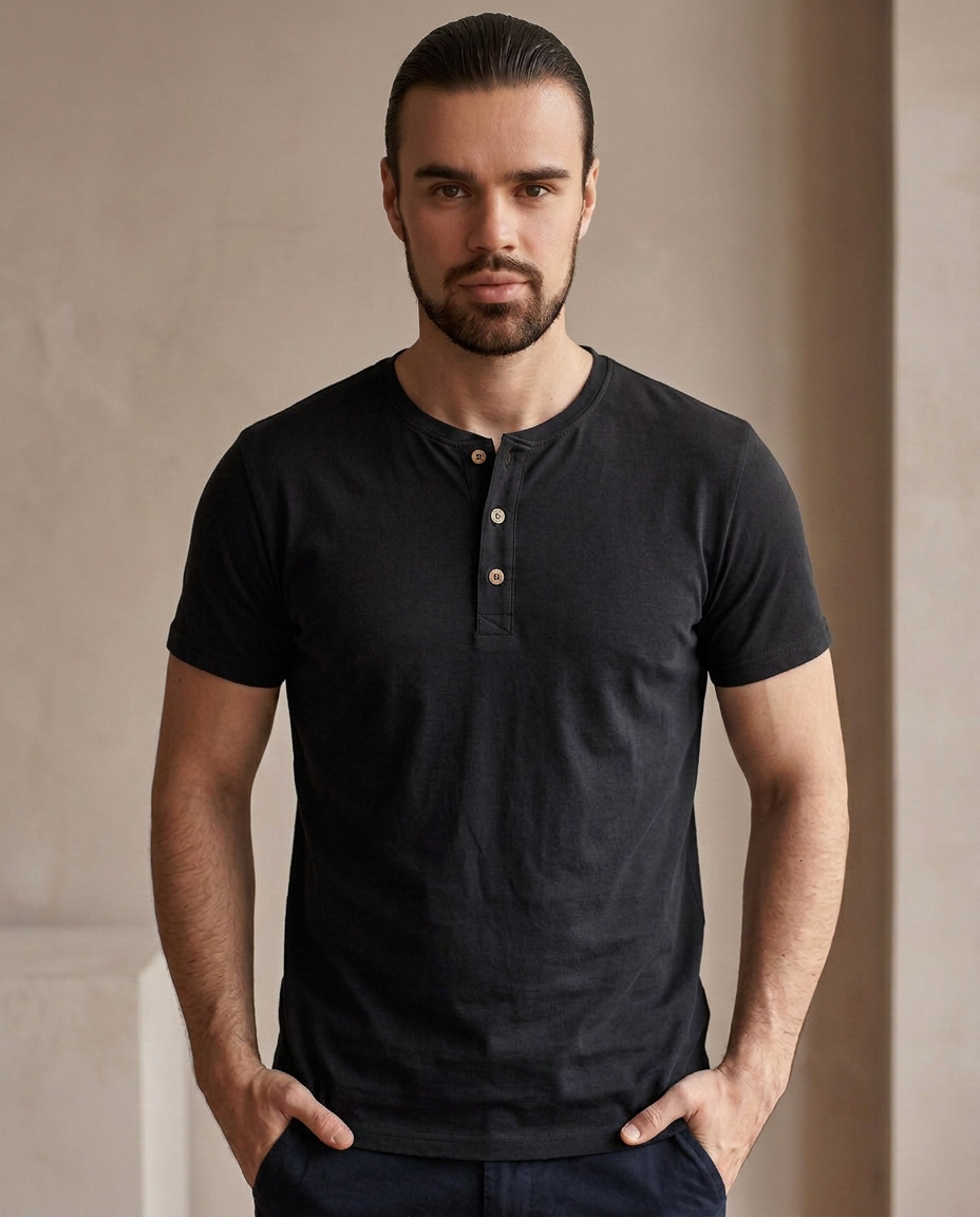 Cotton Henley - Black