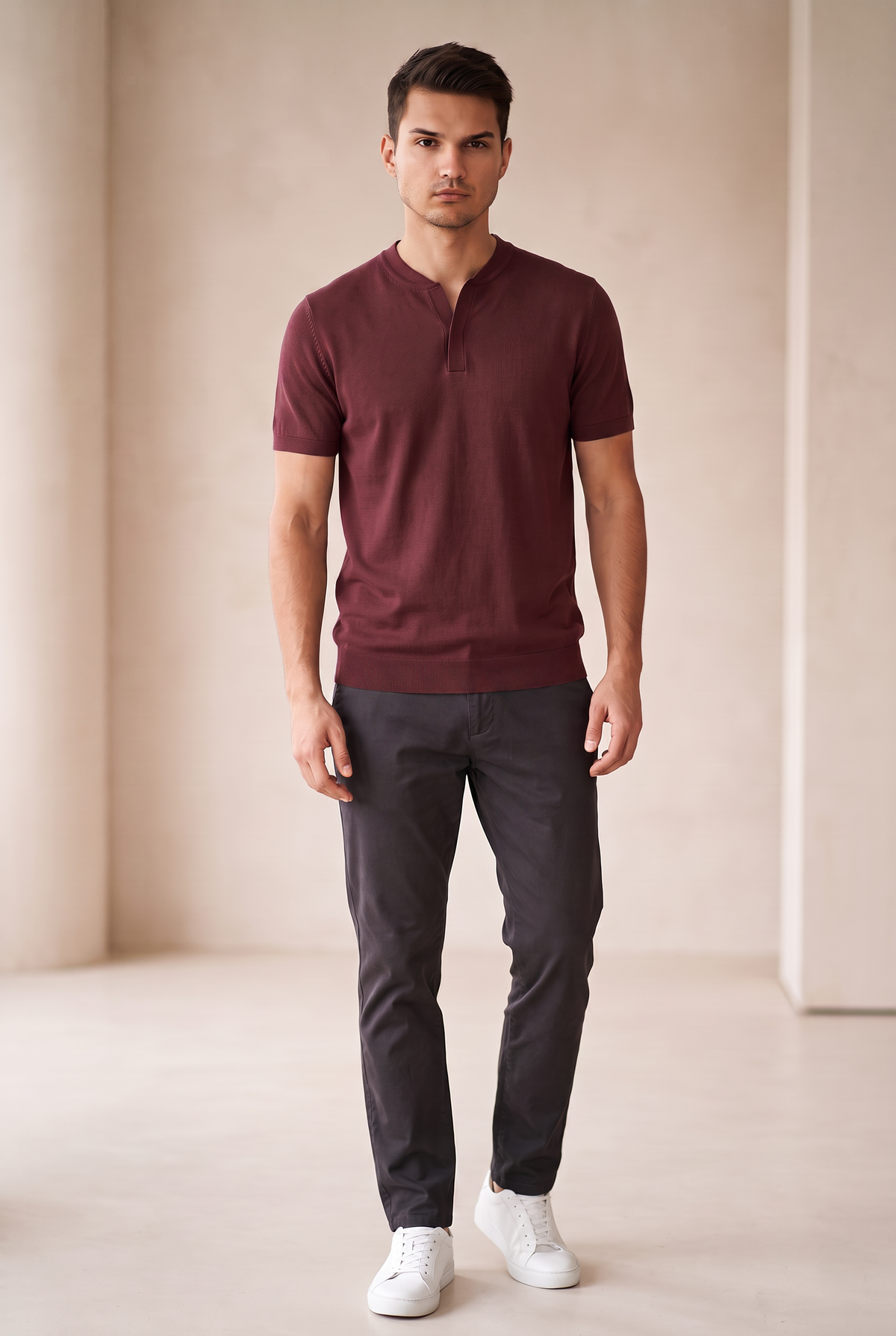 Collarless Knit Polo - Burgundy