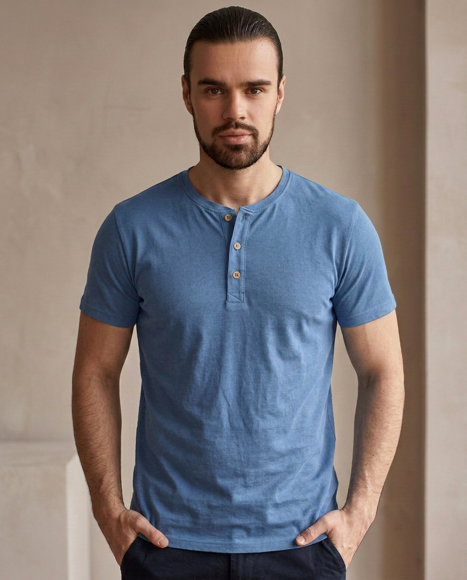 Cotton Henley - Lighter Blue
