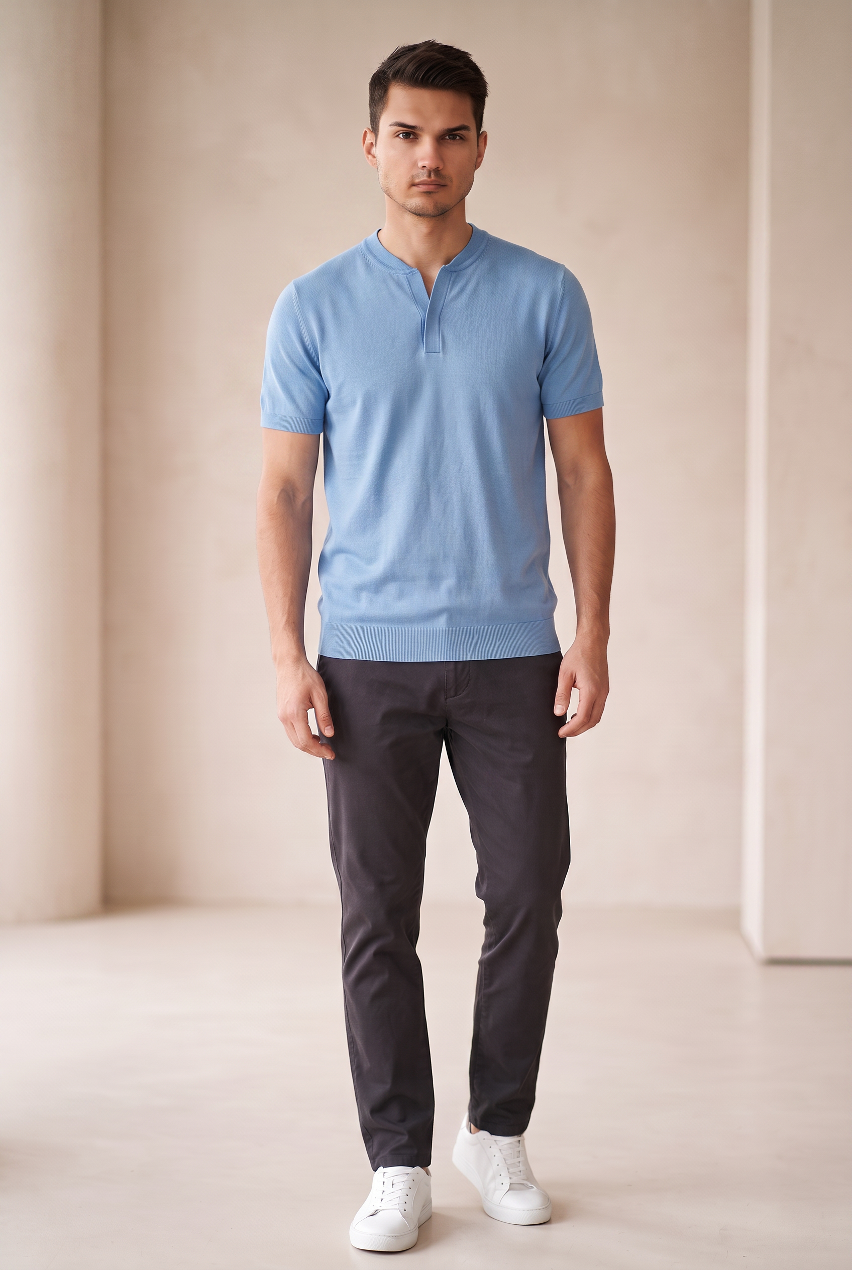 Collarless Knit Polo - Lighter Blue