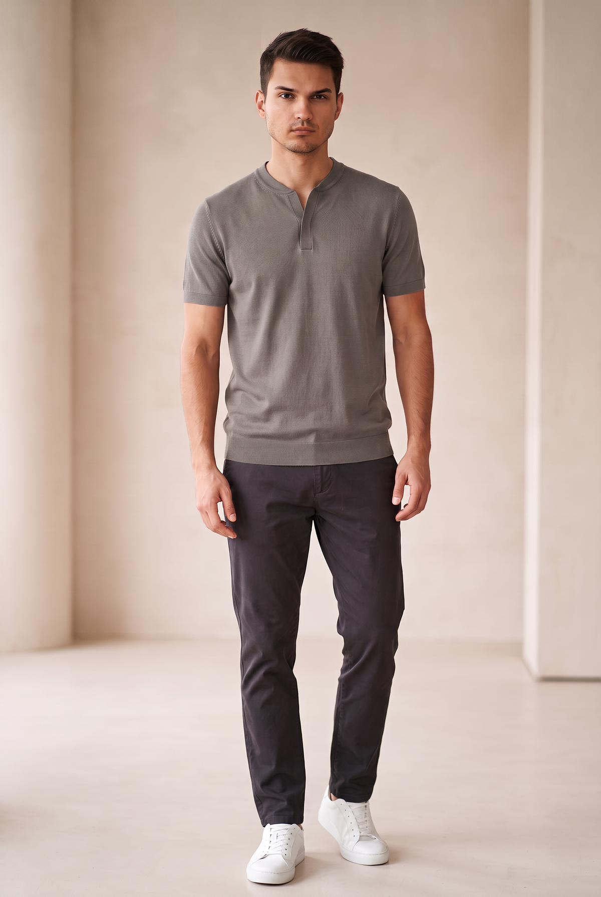 Collarless Knit Polo - Grey