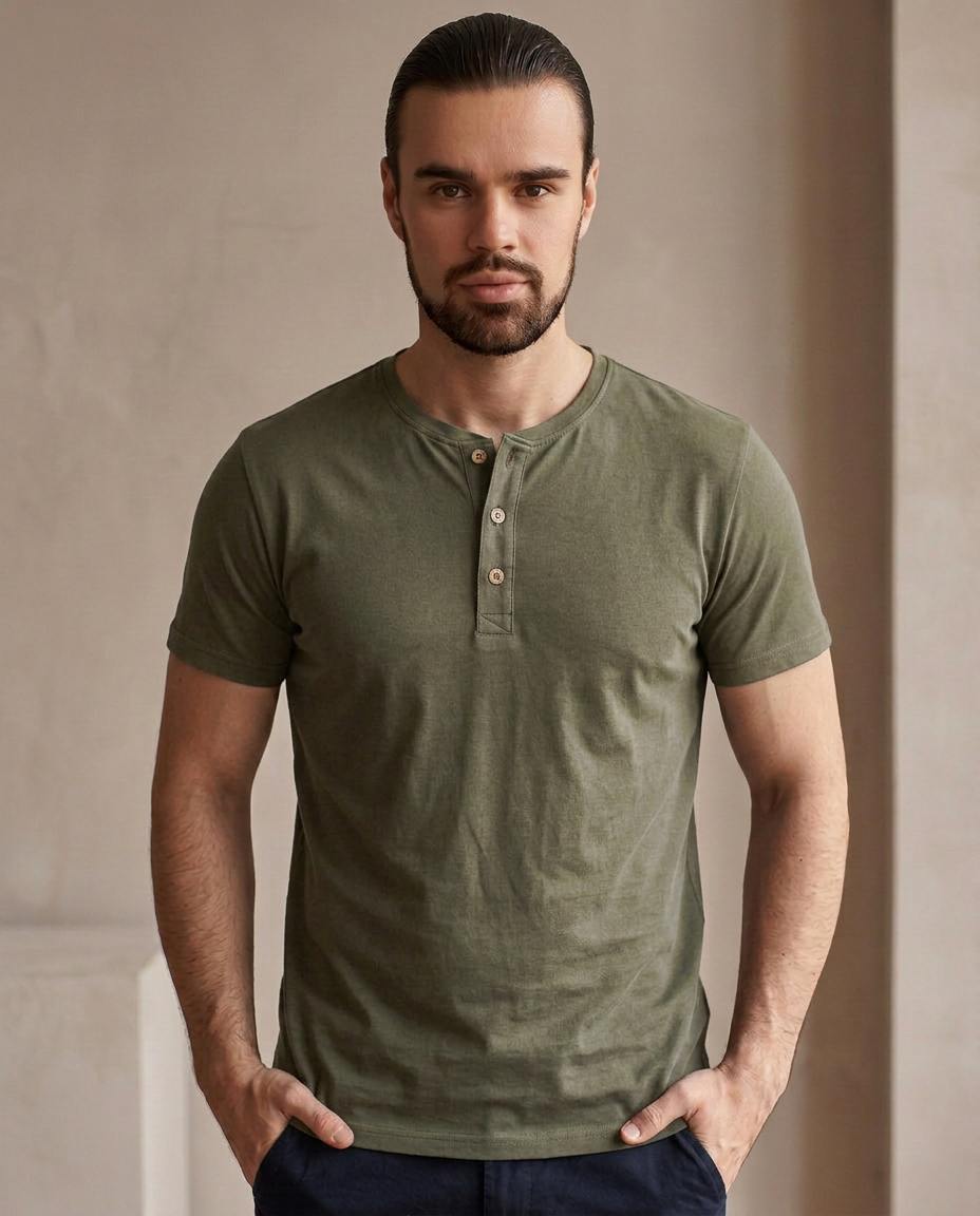Cotton Henley - Military Green