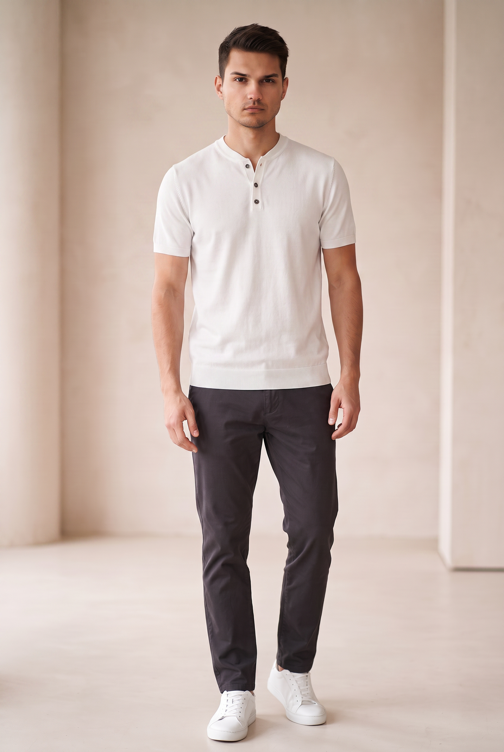 Collarless Knit Polo - White
