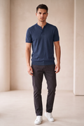 Collarless Knit Polo - Navy