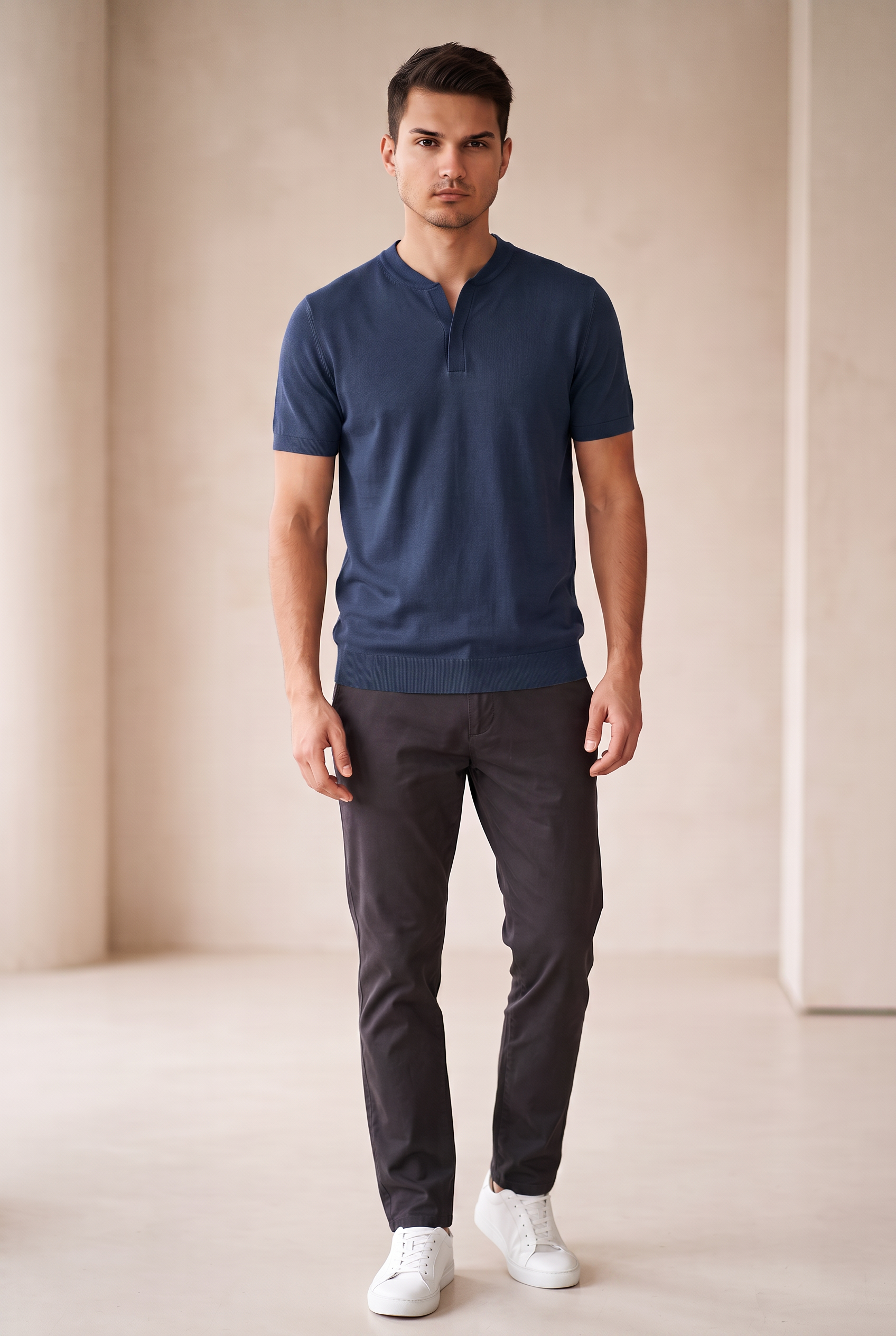 Collarless Knit Polo - Navy