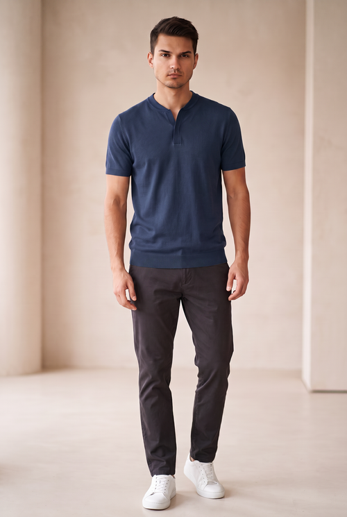 Collarless Knit Polo - Navy