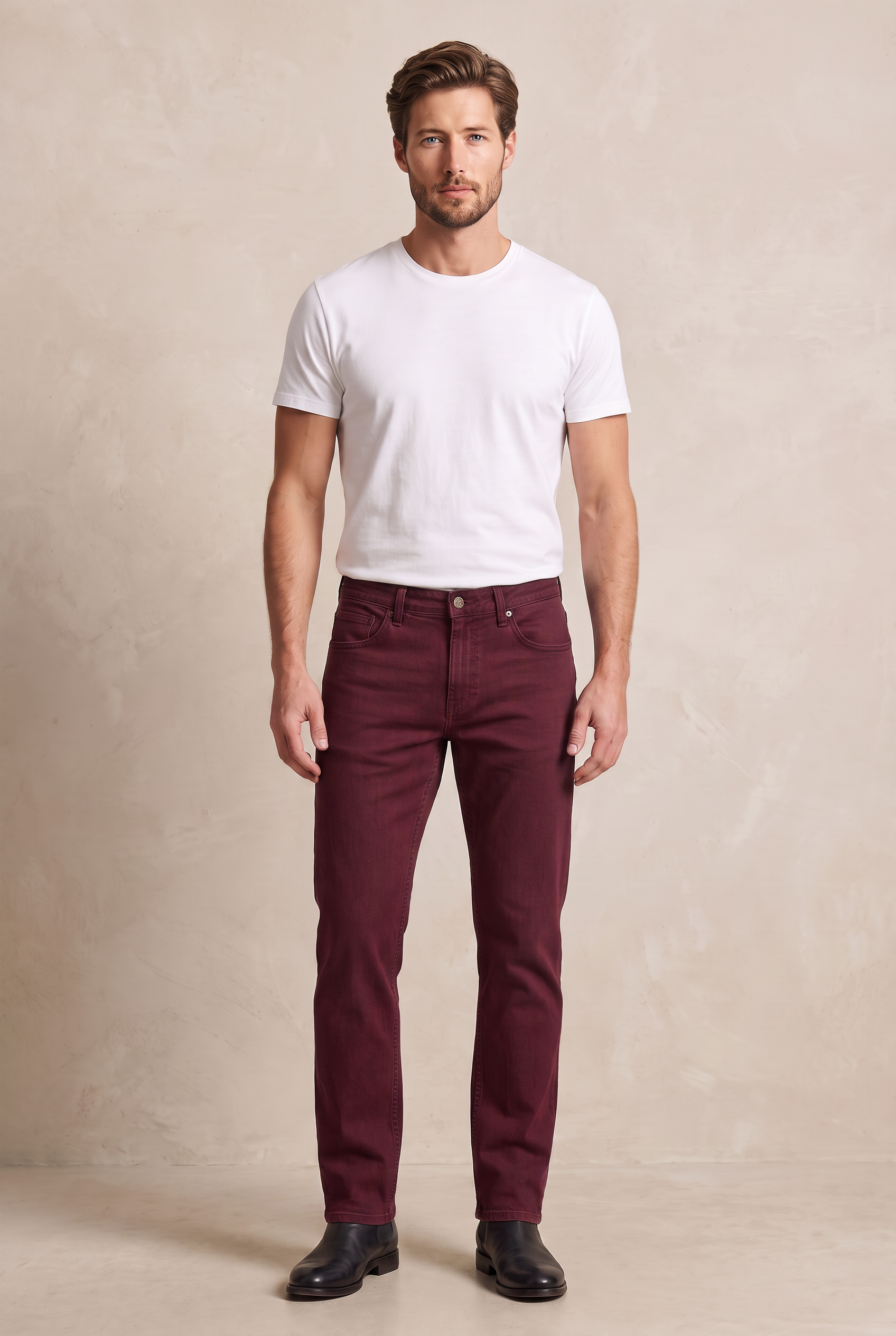 Five-Pocket Colored Denim - Burgundy